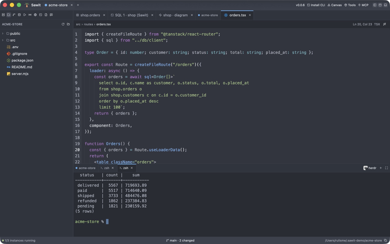 Sawit with a code editor above a terminal running psql