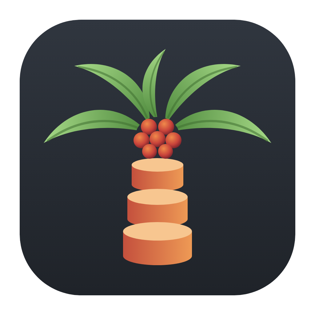 The Sawit app icon: a palm tree whose trunk is three database discs